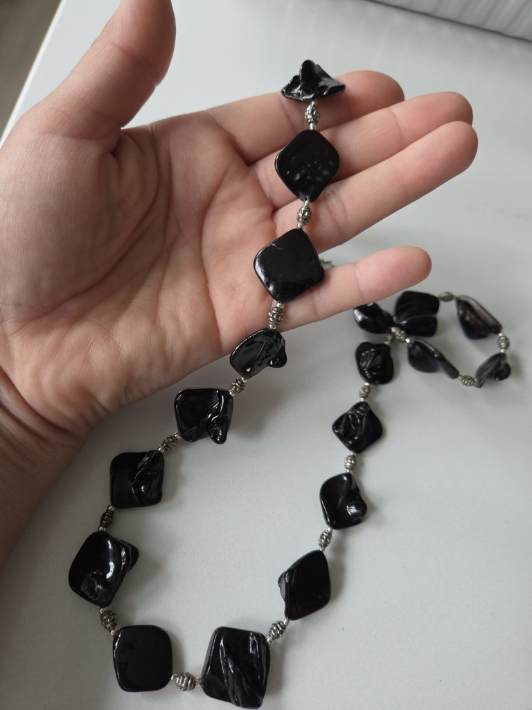 Black Beaded Necklace Irregular Beads Silver Tone Spacers Lobster Closure 26in